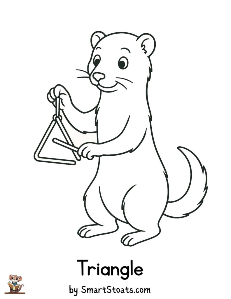 Triangle coloring page showing a cute ermine playing the Triangle, designed as a printable educational activity for kids.