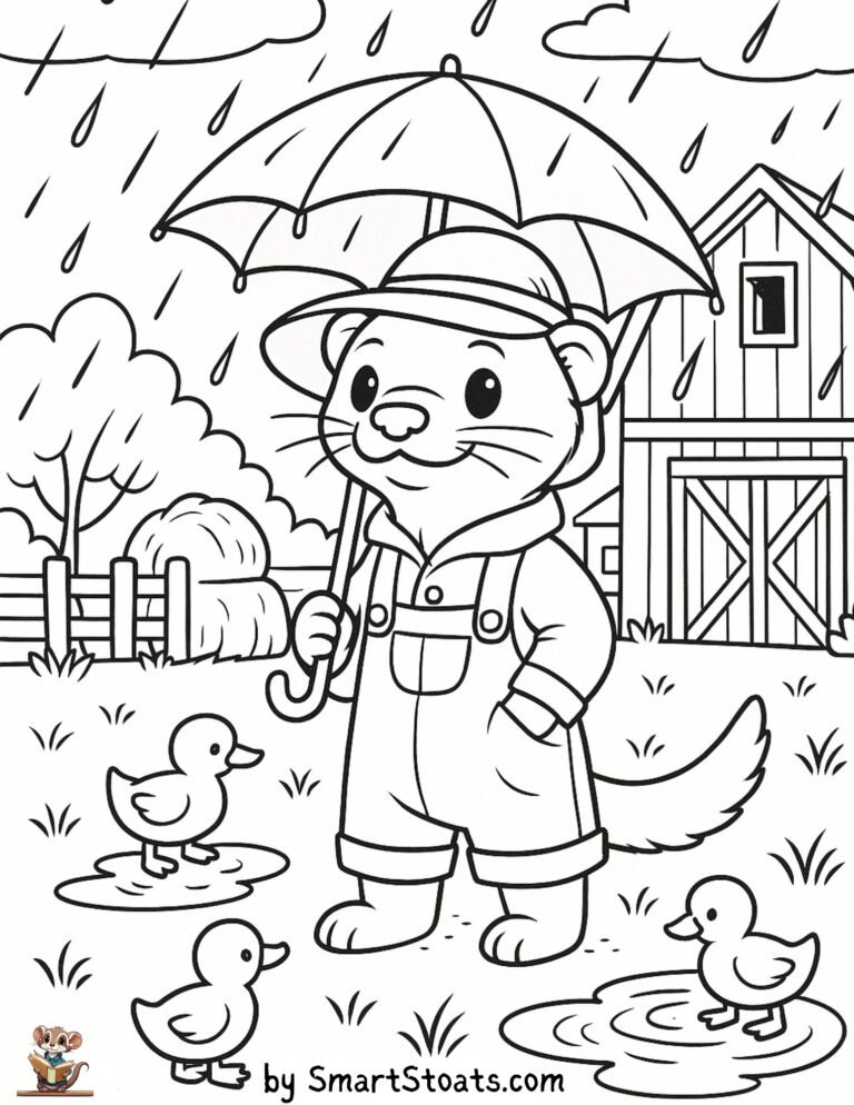 Umbrella coloring page showing a cute stoat standing in the rain, designed as a printable educational activity for kids.