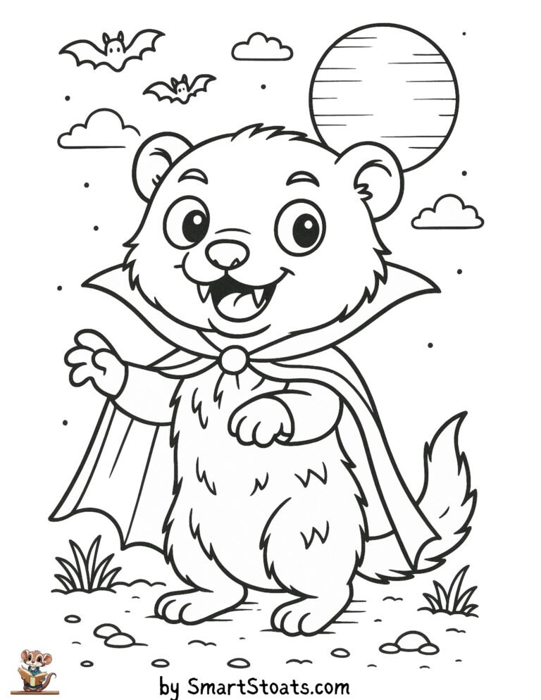 Vampire coloring page showing a stoat or ferret looking like a vampire, designed as a printable sheet for preschool and kindergarten kids on Halloween.