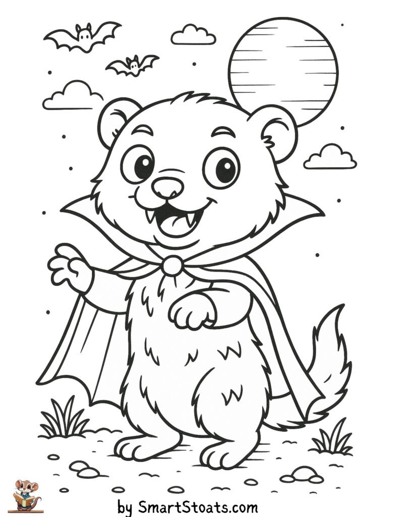 Vampire coloring page showing a stoat or ferret looking like a vampire, designed as a printable sheet for preschool and kindergarten kids on Halloween.