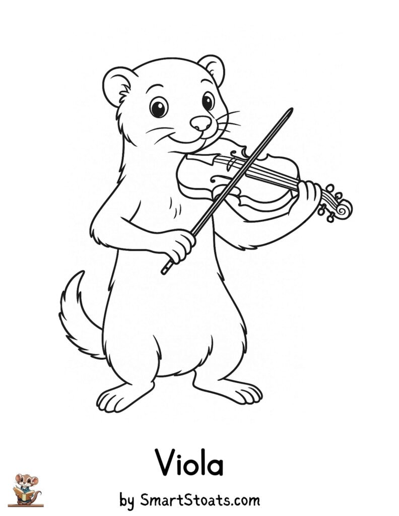 Viola coloring page showing a cute stoat playing the viola, designed as a printable educational activity for kids.