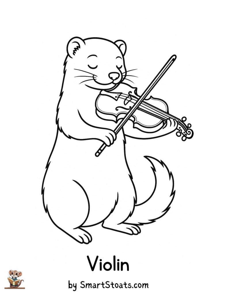 Violin coloring page showing a cute ermine playing the violin, designed as a printable educational activity for kids.