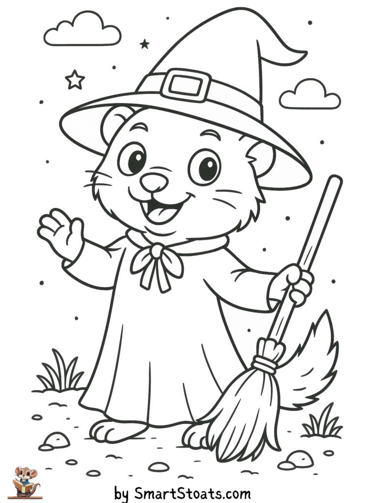 Witch coloring page showing a stoat or ferret looking like a witch, designed as a printable sheet for preschool and kindergarten kids on Halloween.