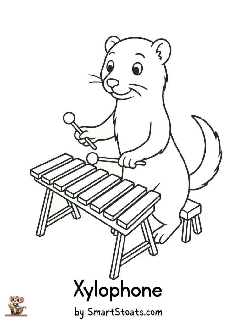 Xylophone coloring page showing a cute ermine playing the Xylophone, designed as a printable educational activity for kids.