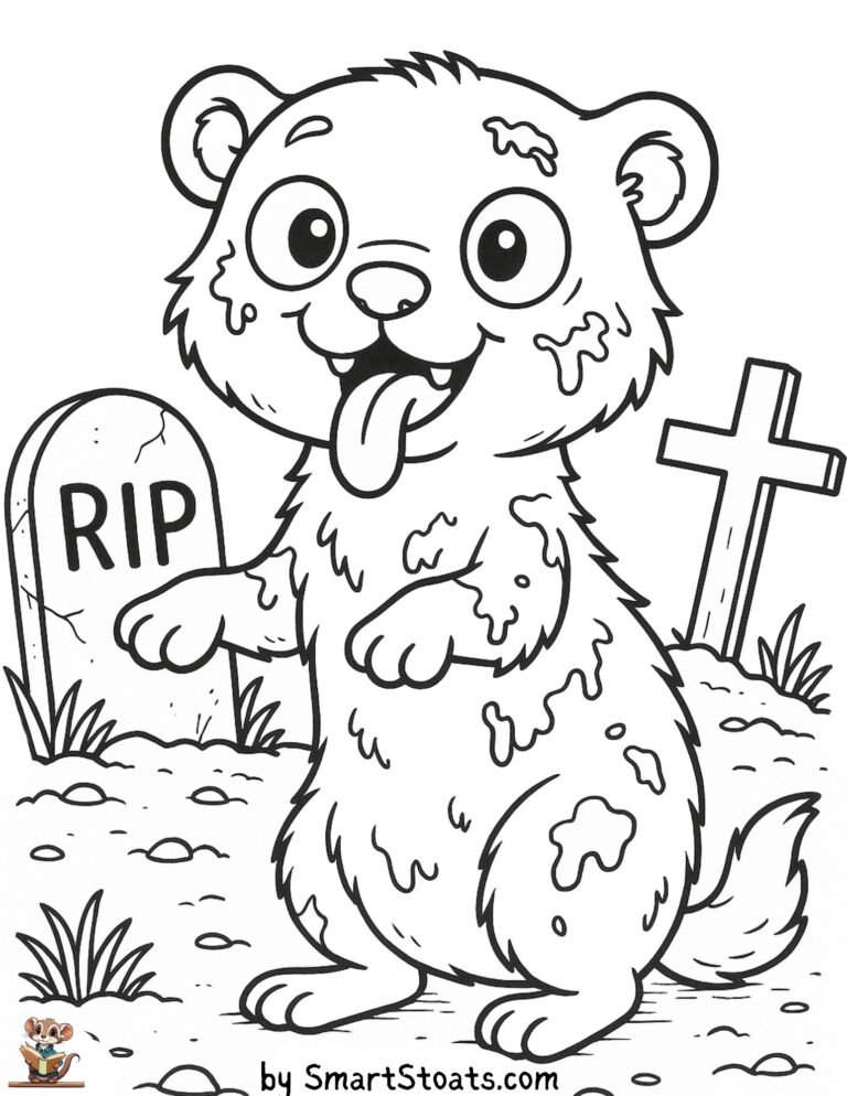 Zombie coloring page for Halloween, showing a stoat or ferret looking like a zombie. Designed as a printable sheet for preschool and kindergarten kids.