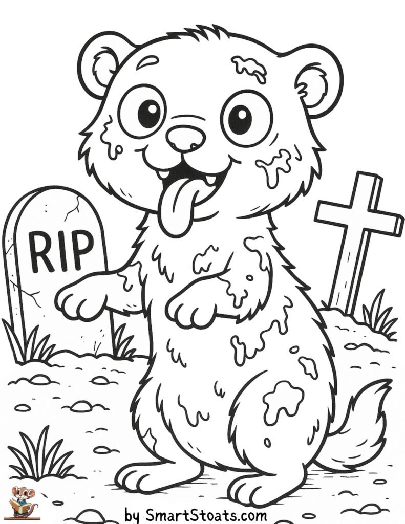 Zombie coloring page for Halloween, showing a stoat or ferret looking like a zombie. Designed as a printable sheet for preschool and kindergarten kids.