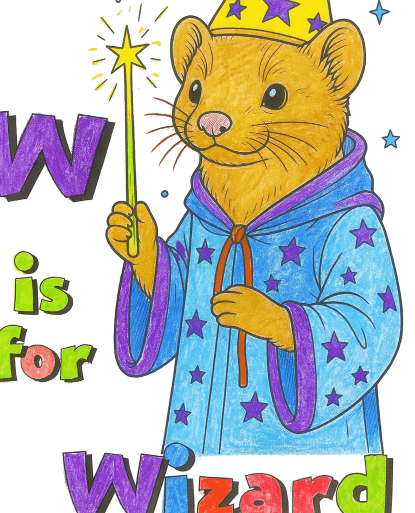 Coloring pages with letters – wizard stoat character holding a wand, fun alphabet-themed illustration for kids.