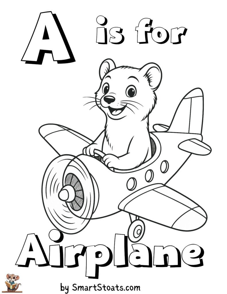 Coloring page with letter A – stoat flying an airplane, fun alphabet-themed printable for kids.