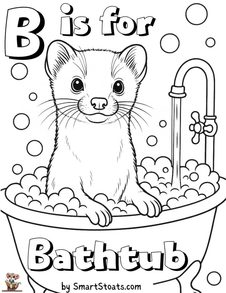 Coloring page with letter B – stoat taking a bubble bath for kids.